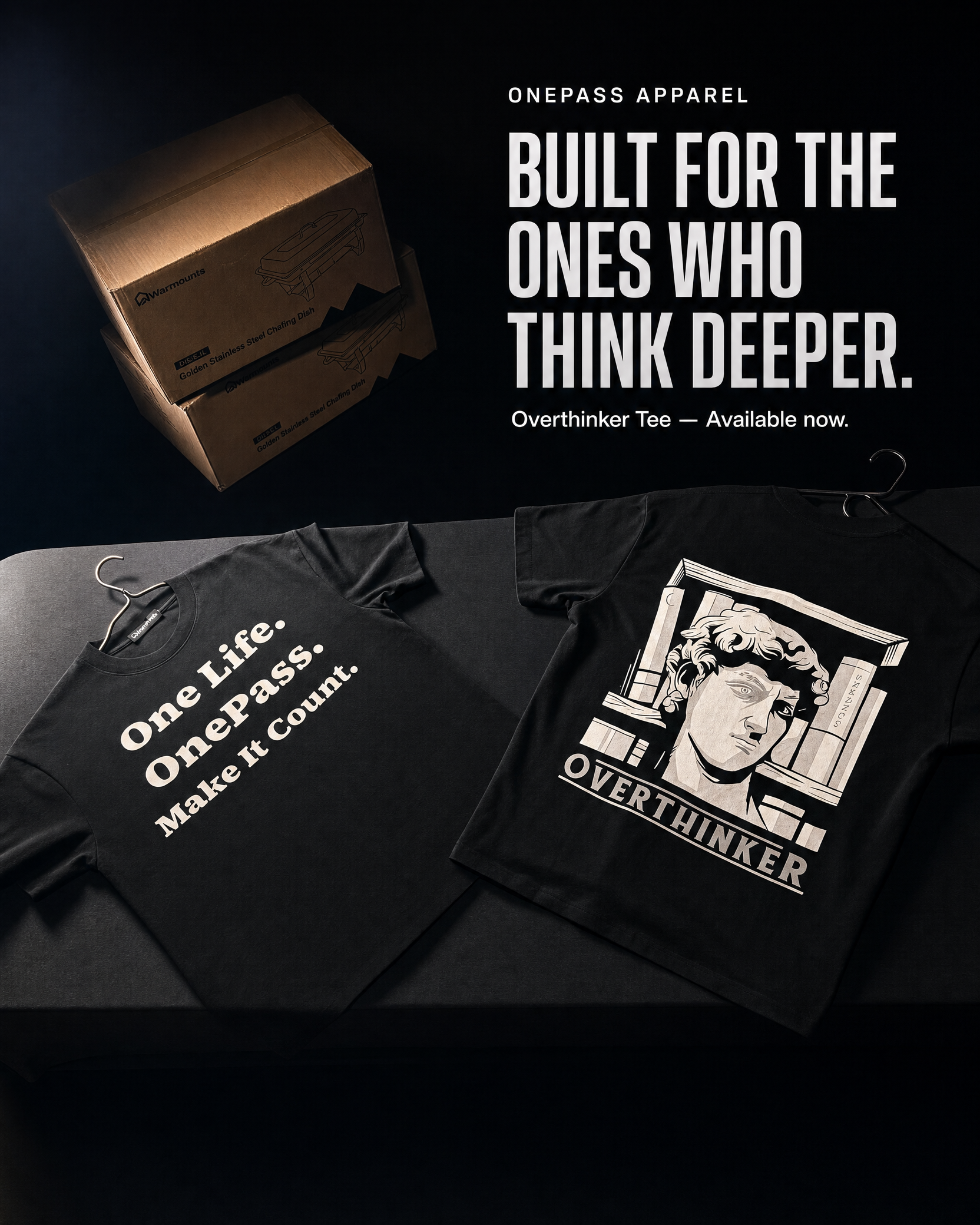 OnePass Overthinker and Make It Count tees arranged in a dark flat lay